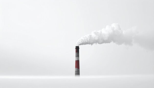 Industrial smokestack from a coal power plant emitting thick white smoke and pollution into the air during a cold winter day. Minimalist landscape concept of global warming and carbon emissions.