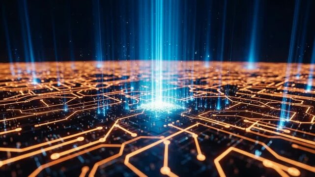 Futuristic circuit board with glowing blue light and orange pathways on a dark background technology concept