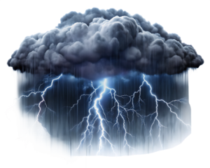 Dark stormy cloud with lightning and rain isolated on a transparent background thunder