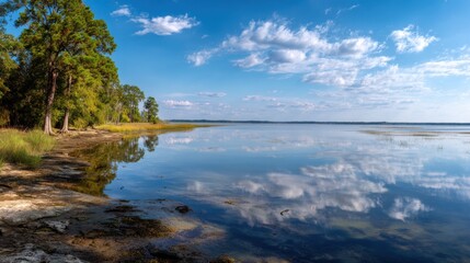 Fototapeta premium Serene lake landscape with fluffy white clouds reflecting on calm blue water surface at daytime