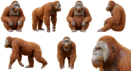 set of a orangutan in different poses, sitting, walking and standing isolated on a transparent background