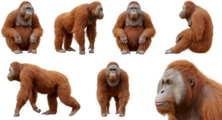 set of a orangutan in different poses, sitting, walking and standing isolated on a transparent background