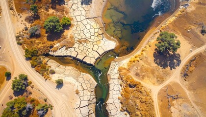 Stunning aerial top-down view of a parched landscape affected by severe drought. The cracked earth surrounds dwindling water source, illustrating the harsh impact of climate change on the environment
