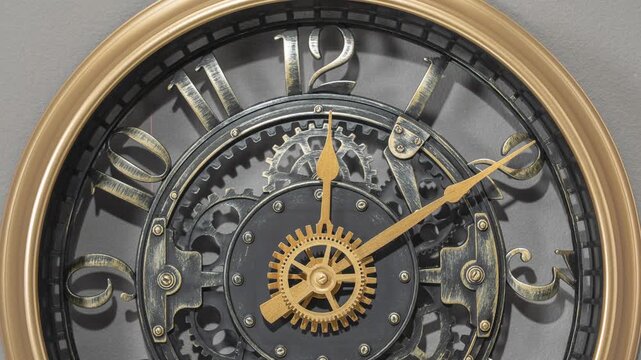 Time-lapse of a large vintage wall clock with exposed gears and Roman numerals. The sequence highlights mechanical motion, golden details, and the steady passage of time.