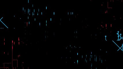 Abstract digital network connections with glitch effect on black background.