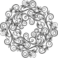 Vintage black silhouette vector floral frame featuring an ornate seamless scroll pattern with abstract leaf ornaments and nature-inspired swirl elements in a decorative illustration style