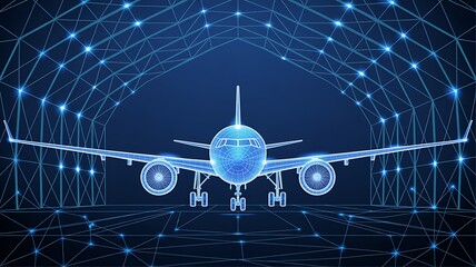 Digital Wireframe Airplane in Futuristic Hangar Network