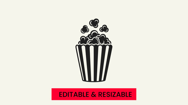 Minimalist popcorn bucket with kernels outline, editable and resizable vector icon for snack industry branding on light background