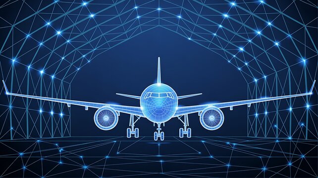 Digital Wireframe Airplane in Futuristic Hangar Network - Powered by Adobe