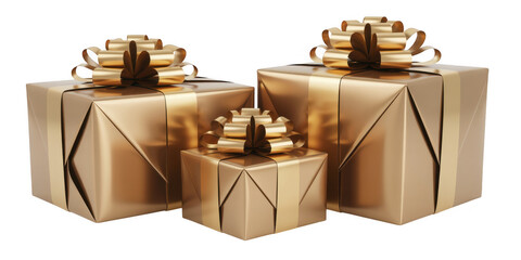 Three gold wrapped presents with bows gold presents isolated on a transparent background