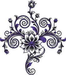 An ornate black floral vector pattern features vintage swirl ornaments and butterfly silhouettes, creating an abstract nature design element perfect for wedding decor and spring backgrounds