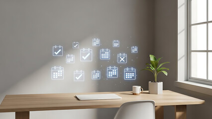 Modern office workspace with calendar icons floating above wooden desk and laptop near window with plant and coffee cup