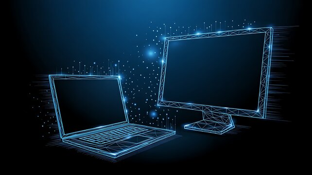 Digital Wireframe Laptop & Monitor | Futuristic Tech Connectivity Concept - Powered by Adobe