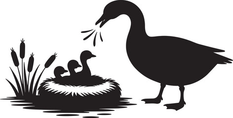 Fototapeta premium Goose parent feeding three hungry goslings in nest silhouette vector illustration on pond side