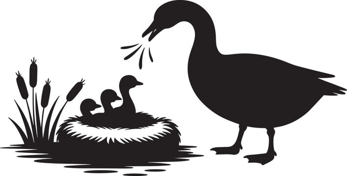 Goose parent feeding three hungry goslings in nest silhouette vector illustration on pond side