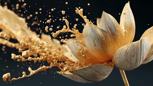 Golden Lotus Blooming with Liquid Splashes on Black Background