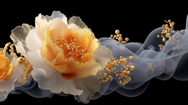 Golden silk texture flowers and pearls on black background