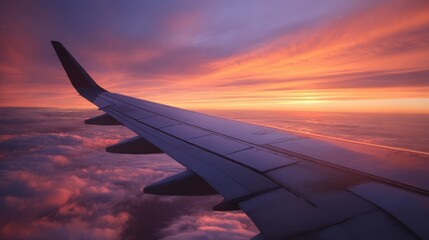 Obraz premium Airplane wing flying above clouds against a vibrant sunset sky background