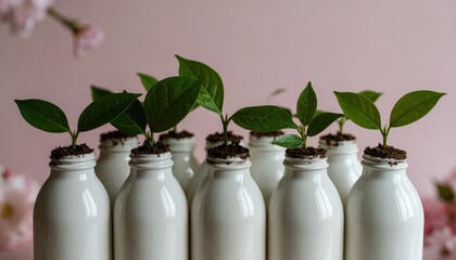 Sustainable Seedlings - Green Shoots Sprouting from Upcycled Milk Bottles.
