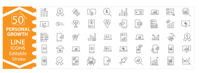 Personal Growth Icons. Line and Glyph Icons for Self Improvement, Skill Development, Goal Setting, Mindset, Training, Learning, Journeys and Life Milestones Editable Stroke Vector Format. 