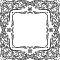 Ornate vintage frame engraving vector with floral ornament and baroque leaf swirls for an antique decorative border design