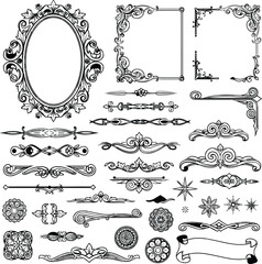 Set of vintage decorative frames and floral vector elements featuring ornate victorian scrolls and calligraphic borders for classic retro ornament design