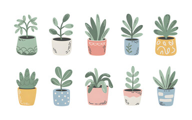 Cute potted plants illustration set in pastel colors