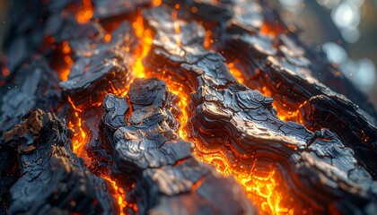 Macro shot of burning embers and glowing charcoal, with intense orange and yellow flames cracking through the dark, charred wood texture. Abstract fire background with sparks and bokeh effect.