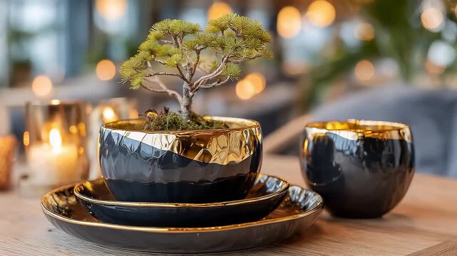 High end black gold ceramic bonsai in warm indoor light