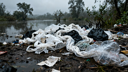 Plastic bags littering a muddy riverbank causing severe pollution