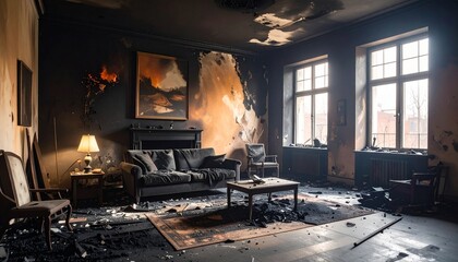Interior of a living room after a devastating fire, with charred walls, burnt furniture, and debris scattered across the floor. Soot and smoke damage cover the ceiling and surfaces.