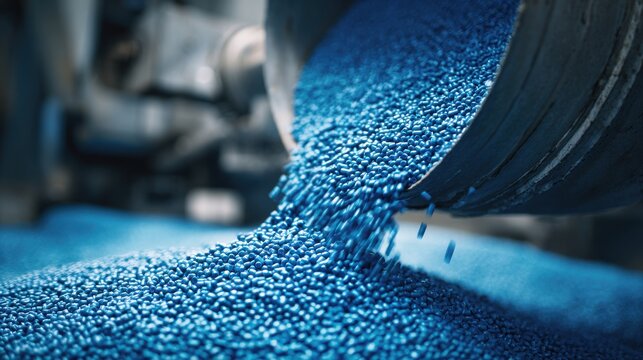 Close-up of blue plastic pellets pouring from an industrial hopper, raw materials for manufacturing process