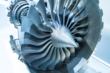 Aircraft turbine wheel printed on metal 3d printer. A model created in a laser sintering machine. Concept of 4.0 industrial revolution.