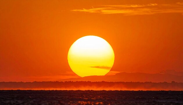 Intense close-up of a massive, glowing sun during a dramatic sunset, casting a vibrant orange hue over the sky. This powerful image represents extreme heat, heatwaves, and global warming concepts.