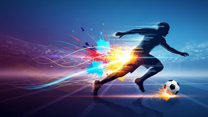 Dynamic soccer player kicking ball with vibrant colorful explosion