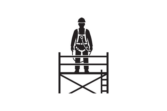 Construction worker silhouette on scaffolding with safety harness