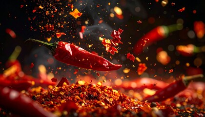 Dynamic explosion of red hot chili peppers with flying crushed flakes and seeds against a dark background. Concept of spicy food, intense flavor, seasoning, and culinary ingredients in motion.