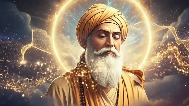 Guru Ravidas Jayanti animated spiritual visualization featuring saint meditation cosmic glow flowing light motion and devotional storytelling scene