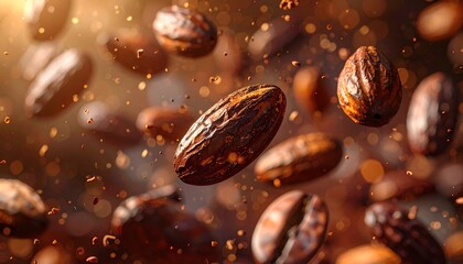 Macro shot of high-quality roasted coffee beans exploding in a dynamic splash. Aromatic arabica grains are captured in mid-air with a warm, golden light and beautiful bokeh background.