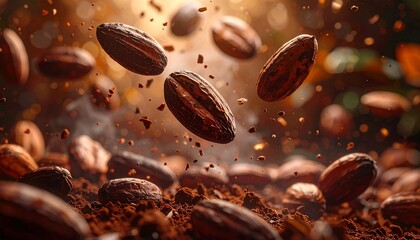 High-quality cocoa beans captured in motion, with several floating and falling onto a rich bed of ground cocoa powder. This detailed, warm, and inviting macro photograph is perfect for food concepts.