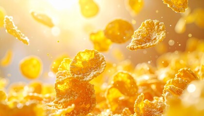Dynamic macro shot of golden corn flakes falling in a splash of morning sunlight. A detailed close-up capturing the crunchy texture of the cereal, perfect for a healthy breakfast concept.