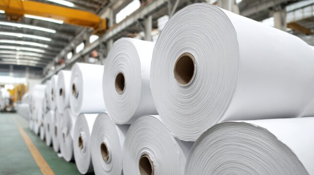 Large rolls of white paper stacked in an industrial factory warehouse