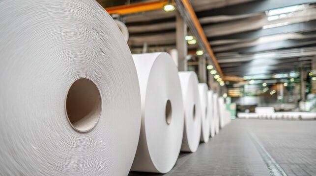 Large white paper rolls standing in a row at a modern paper mill production warehouse