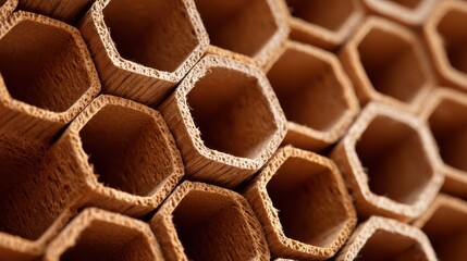 Macro shot of a wooden honeycomb structure featuring hexagonal tubes and natural wood texture