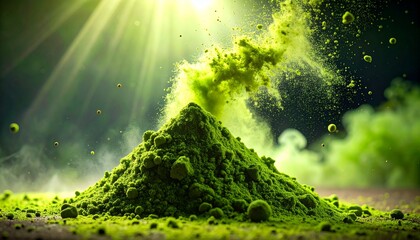 A detailed macro shot of a vibrant green matcha tea powder pile exploding into a dynamic cloud of particles, illuminated by dramatic sun rays on a natural, healthy, and organic background.