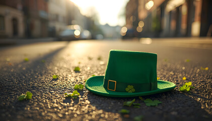 St Patrick’s Day Green Hat on Street with Clover