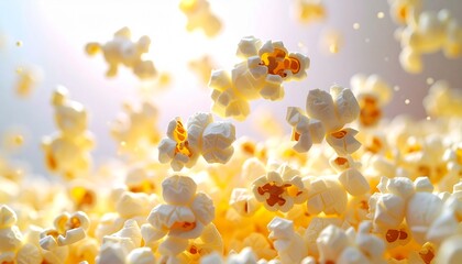 Macro shot of popcorn exploding and flying through the air. Cinematic lighting with a bright, warm background and beautiful bokeh. Concept of movie night, snacks, and delicious junk food.