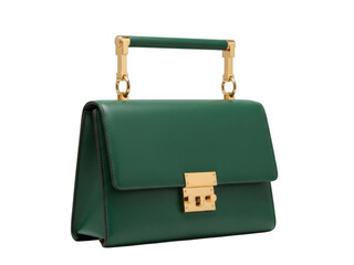 Emerald green leather handbag with gold hardware isolated on transparent background