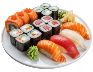 Various sushi on a white plate food Japanese cuisine isolated on a transparent background