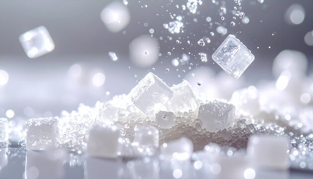 Macro shot of white sugar cubes and granulated crystals falling onto a reflective surface. Abstract food background with sparkling particles and soft bokeh, representing sweetness and ingredients.